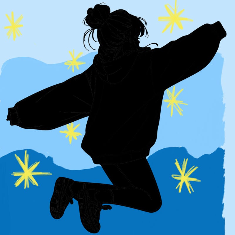 realistic girl jumping with a bun and oversized sweatshirt