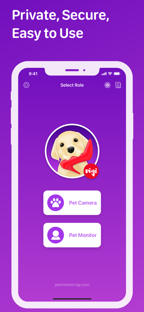 Pet Monitor VIGI - Role selection screen in the Pet Monitor VIGI app with options to set up a Pet Camera or a Pet Monitor.