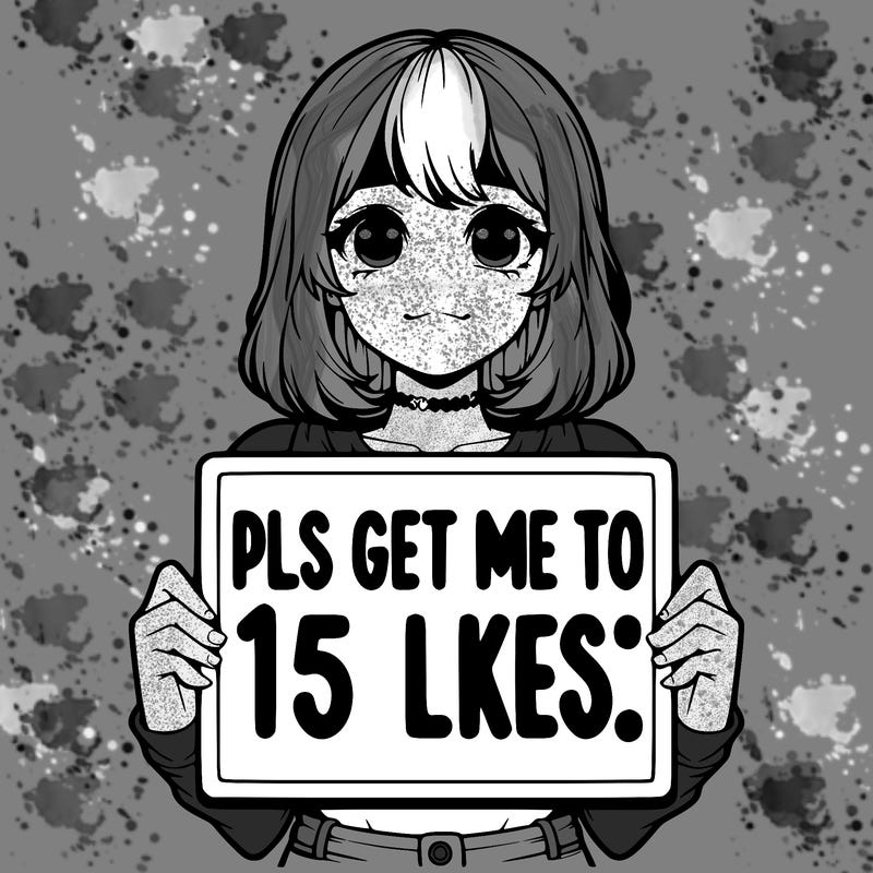 realistic girl holding up a sign that says “pls get me to 15 likes!”