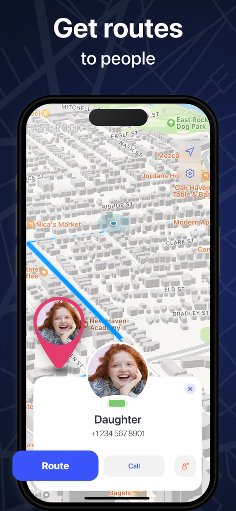 Find my Phone – Family Locator - Map interface of the Family Locator app showing a route to a daughter's real-time location.