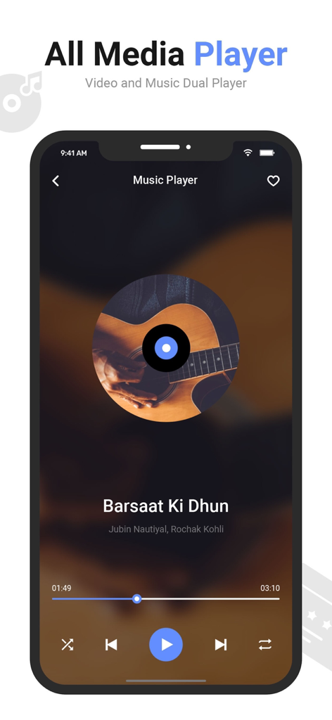 Music player interface of MX Video Player showing audio playback controls