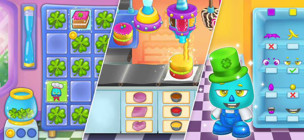 Collage of the three mini games in Purple Place featuring cake decorating, card matching, and character dressing
