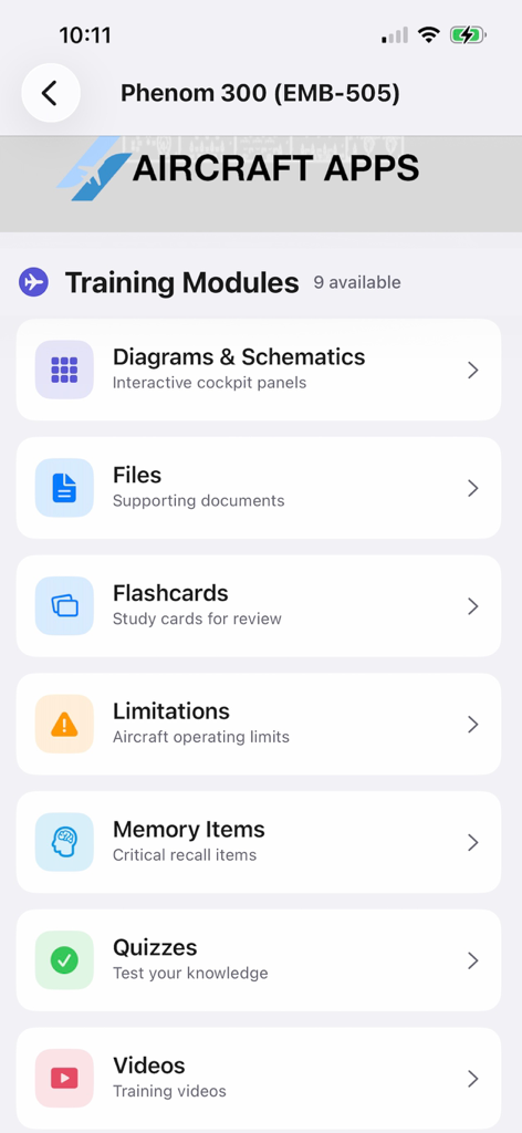 iEMBRAER Type Rating Prep - Phenom 300 training modules in the iEMBRAER app featuring flashcards quizzes and memory items