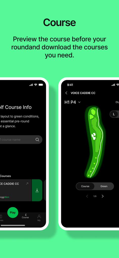 VOICE CADDIE Golf - VOICE CADDIE Golf App zeigt eine Golfplatzvorschau und Informationen zum Lochlayout an