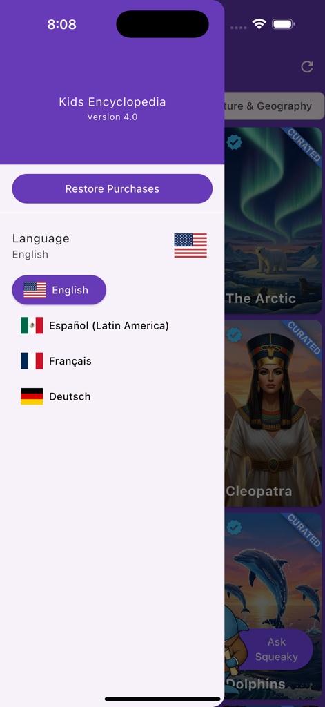 Menu di selezione della lingua nell'app Kids Encyclopedia che mostra opzioni in inglese spagnolo francese e tedesco