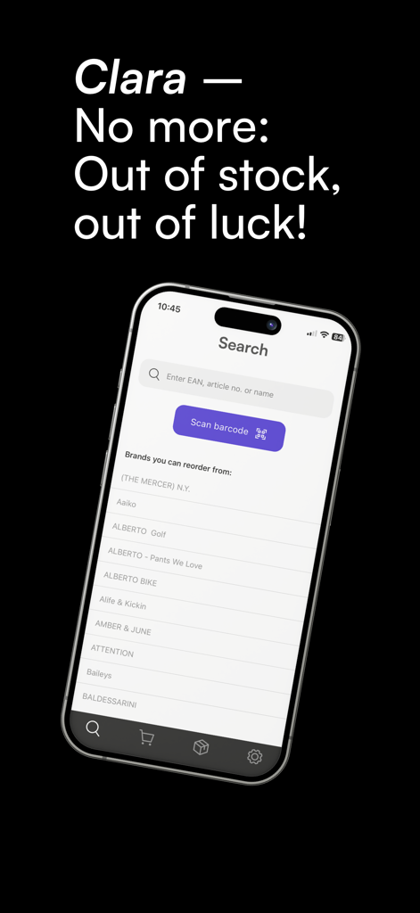 Interfaz de la aplicación móvil Clara mostrando búsqueda de productos y escaneo de códigos de barras para inventario de moda retail