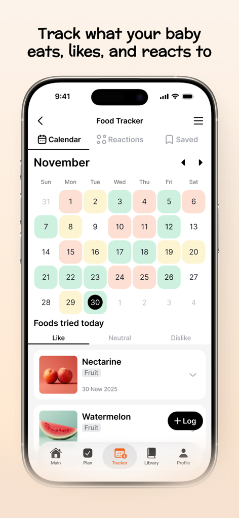 A smartphone showing the BabyPlate app's food tracker screen with a monthly calendar and a list of tried foods like nectarine and watermelon.
