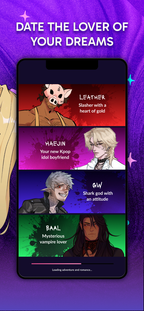 Interface of Dorian Romantasy app showing various characters to date including a K-pop idol and a vampire.