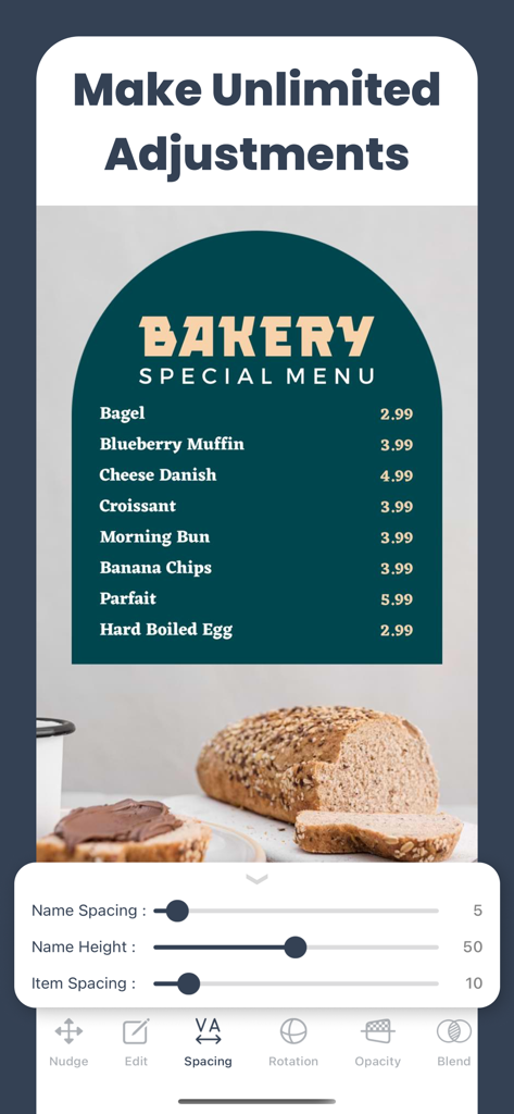 Mobile app interface showing adjustment sliders for spacing and text height on a bakery menu template