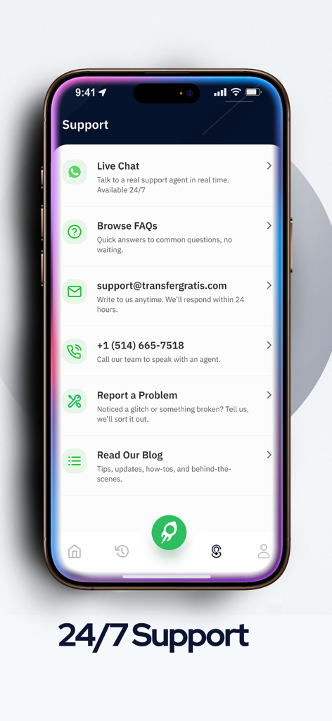 Transfergratis, money transfer - Transfergratis app support screen showing live chat email and phone contact options available 24 7