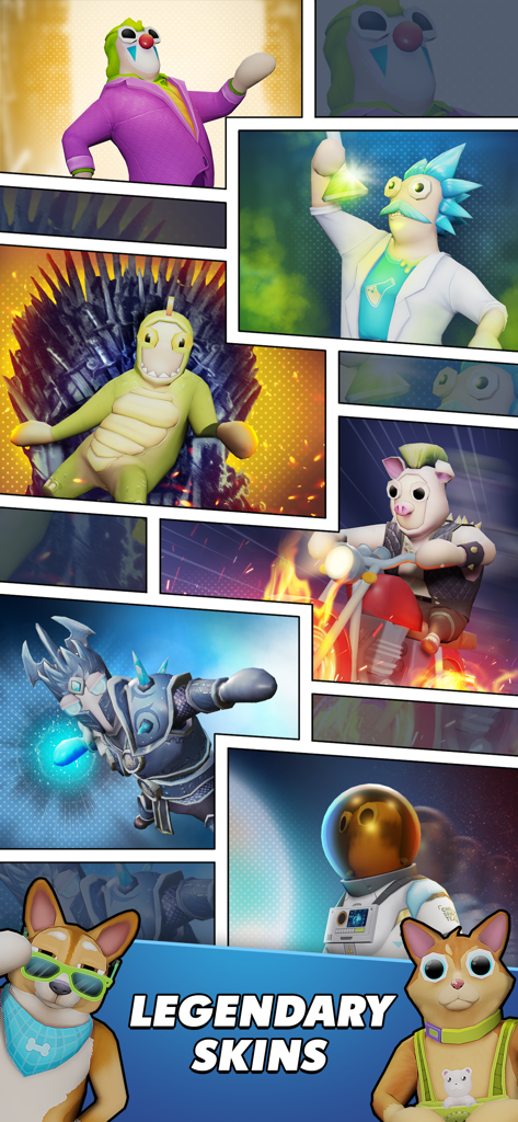 Gang Battle Party: Playground - 광대, 과학자, 우주비행사, 다양한 동물 등 갱 배틀 파티의 다양한 전설적인 캐릭터 스킨 모음.