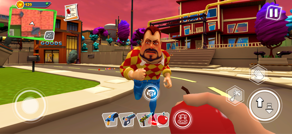 Vista en primera persona del personaje vecino persiguiendo al jugador en una calle suburbana en Dark Riddle 2.