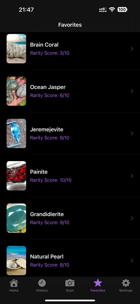Rock Identifier: Stone Scan ID - A list of favorite stones and minerals in the Rock Identifier app including rarity scores for Brain Coral and Ocean Jasper