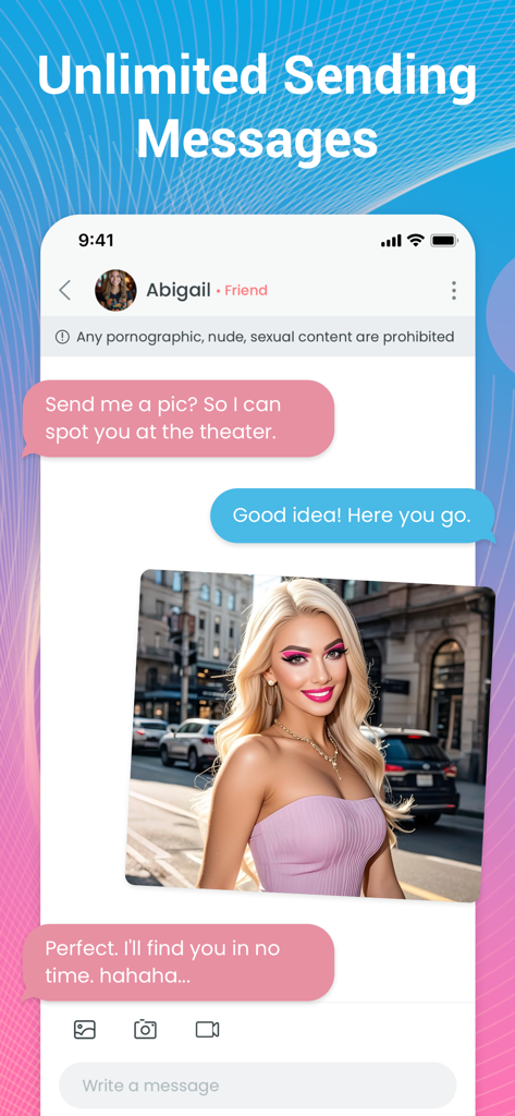 A screenshot of the TSChat app showing a private messaging conversation with photo sharing between two users.