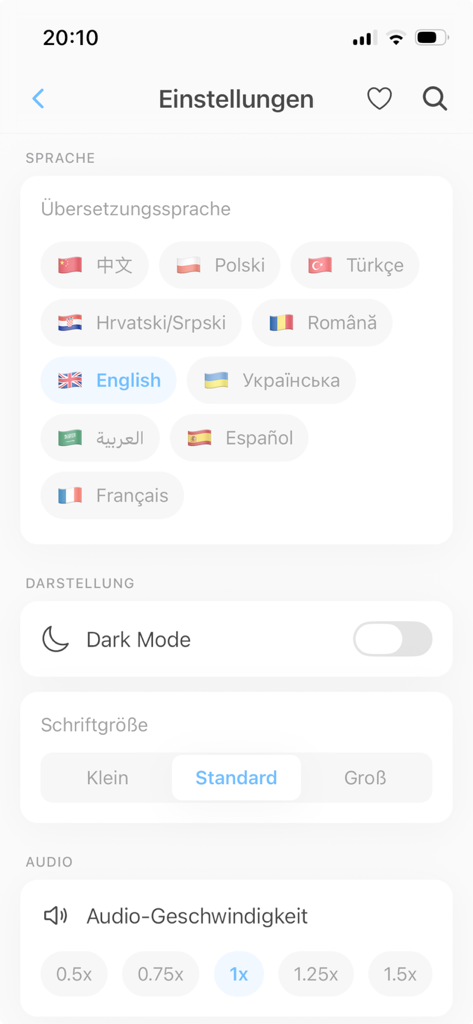 Interfaz de configuración de la aplicación PflegeMate que muestra opciones de idiomas de traducción, modo oscuro, tamaño de fuente y velocidad de audio.