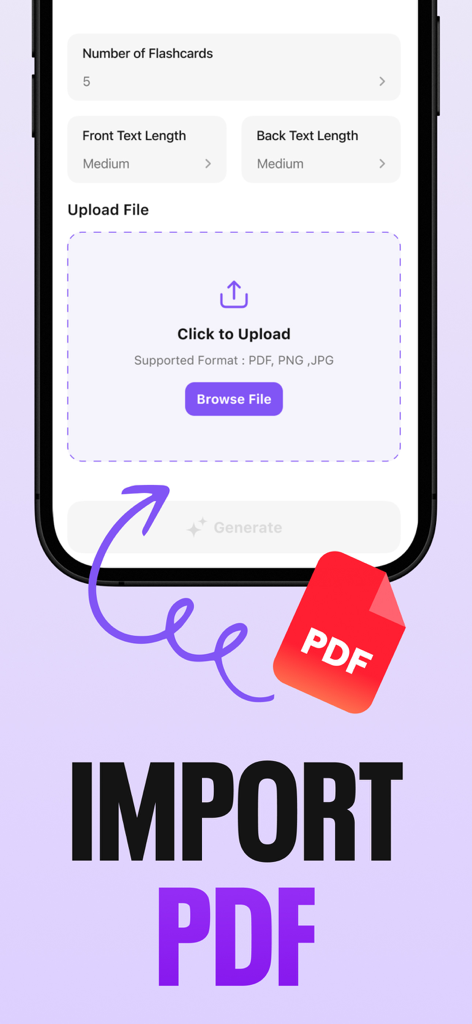 AI Quiz Maker : AI Flashcards - Interface showing the option to import a PDF file to generate flashcards automatically.