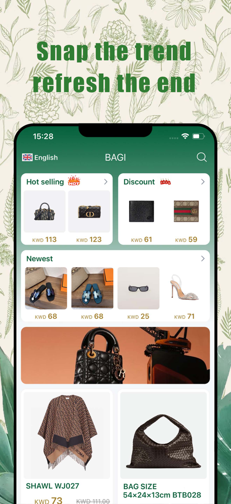 BAGI - The home screen of the BAGI app showing sections for hot selling items and discounts on luxury fashion products