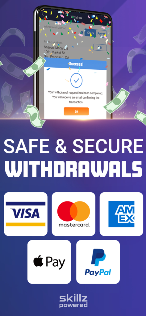 3 Word Cash - Win Real Prizes - Tela segura e protegida de saques para o aplicativo 3 Word Cash mostrando vários métodos de pagamento como PayPal e Apple Pay