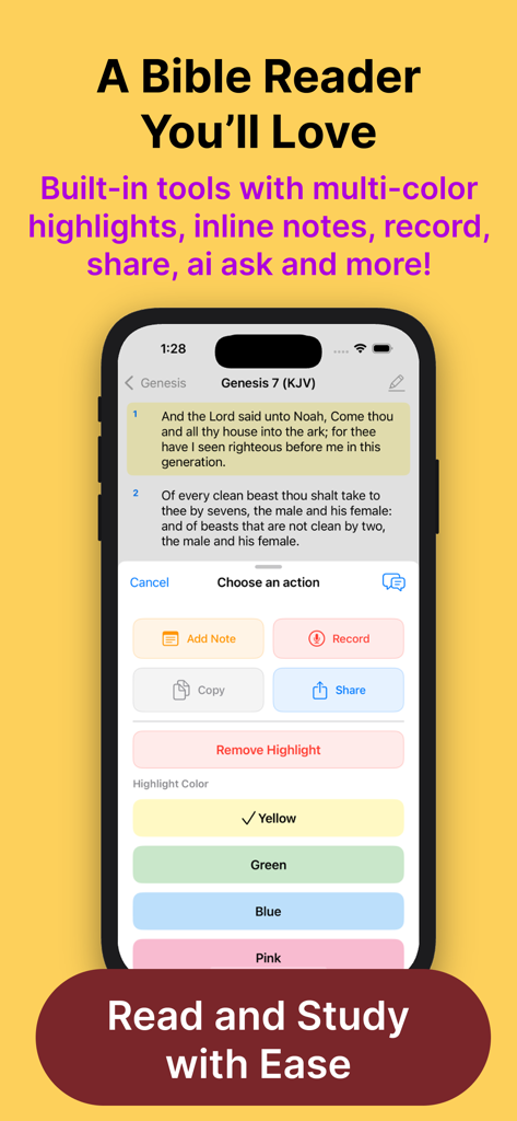 Bible Note Taker, Record, Chat - Bible Note Taker app interface showing scripture reading with highlighting and note-taking tools