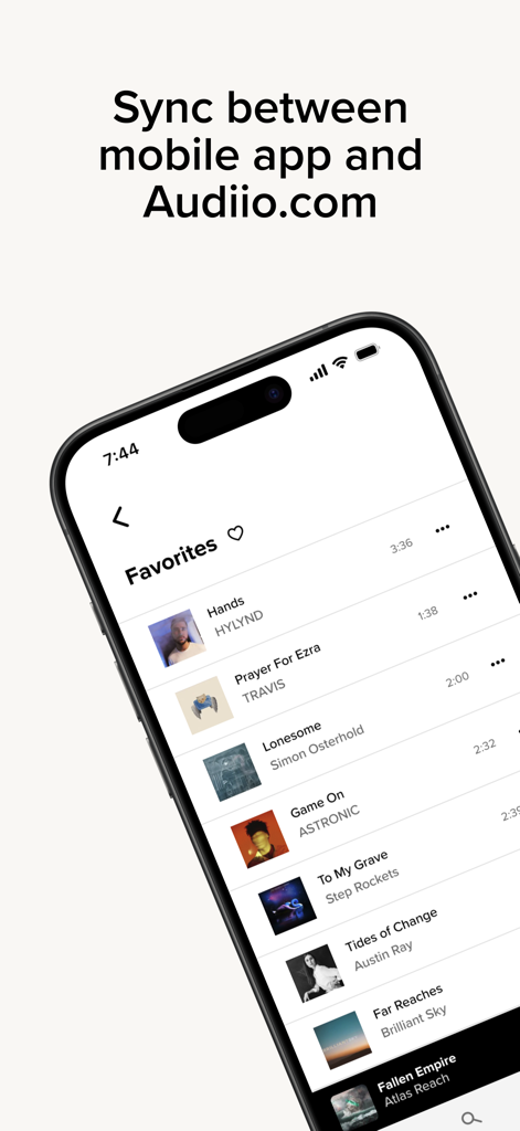 Audiio Pro - Audiio Pro mobile app interface showing a list of favorite songs and a message about syncing with the website.