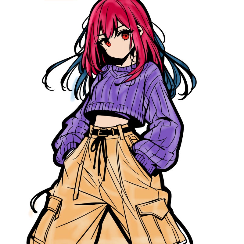 anime teen girl with baggy pants and crop top with sweater