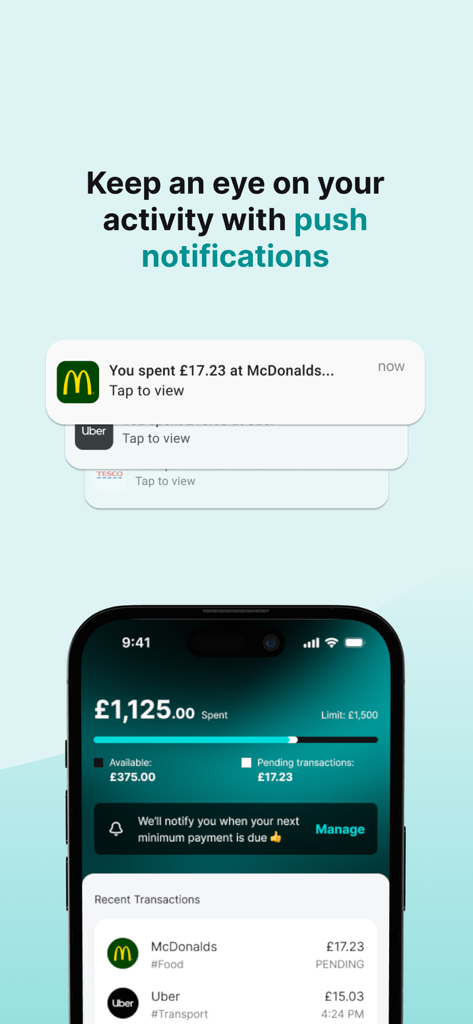 Jaja Credit Card - Écran de smartphone affichant les notifications push de la carte de crédit Jaja pour les dépenses et un tableau de bord de l'historique des transactions.