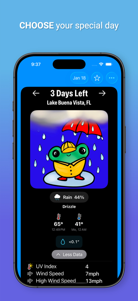 Please Don't Rain - Screenshot der Bitte nicht regnen App, die einen Wettervorhersage-Countdown für einen besonderen Tag in Florida mit einer Illustration eines regnenden Frosches zeigt.