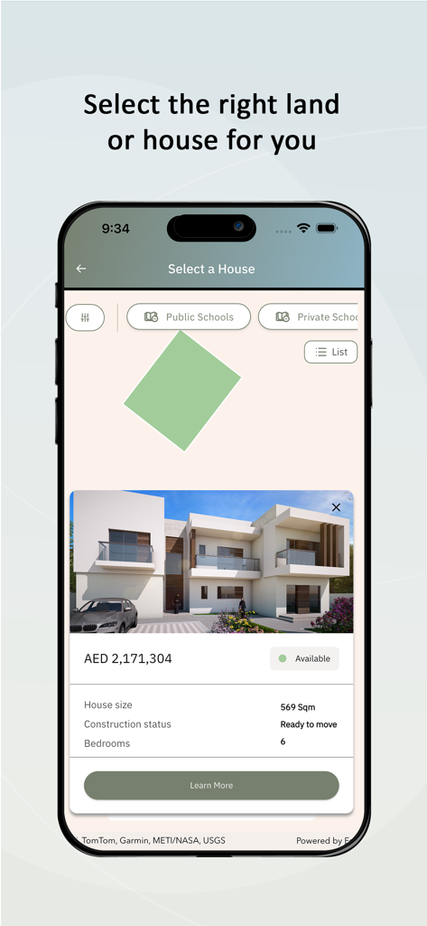 Iskan Abu Dhabi -إسكان أبوظبي - Mobile app interface for Iskan Abu Dhabi showing a six bedroom house listing with price and size details