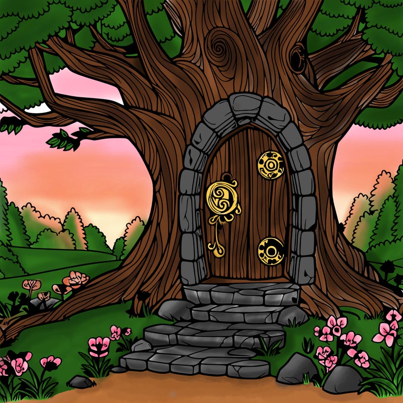 a magical doorway in an ancient tree leading to a secret world