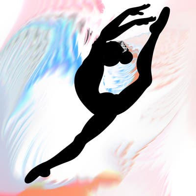 gymnast doing a leap in a leotard with a bent back leg