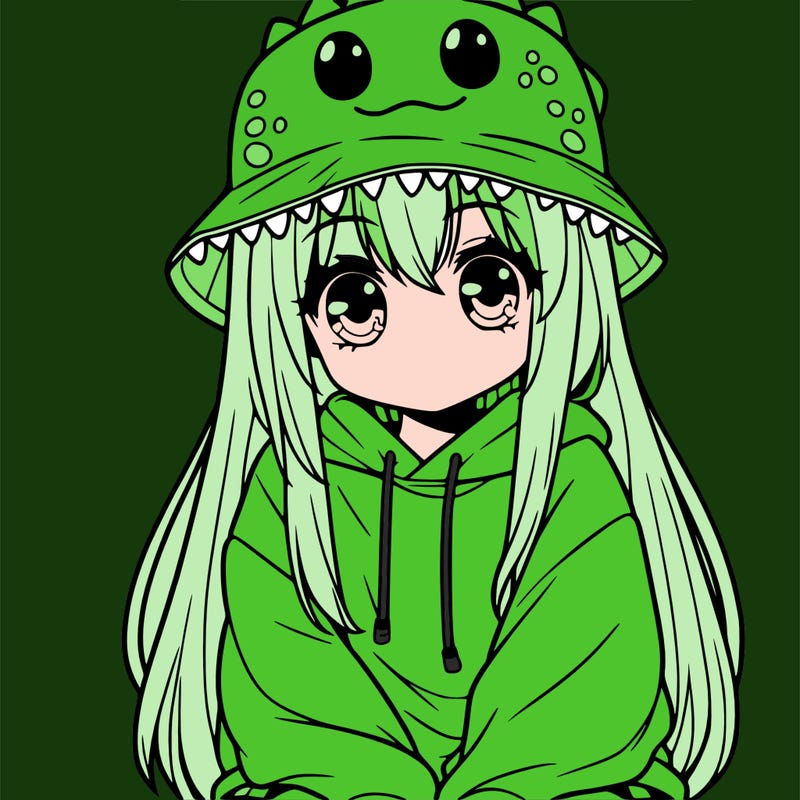girl with anime shaped eyes with a dinosaur bucket hat oversized sweatshirt long straight hair