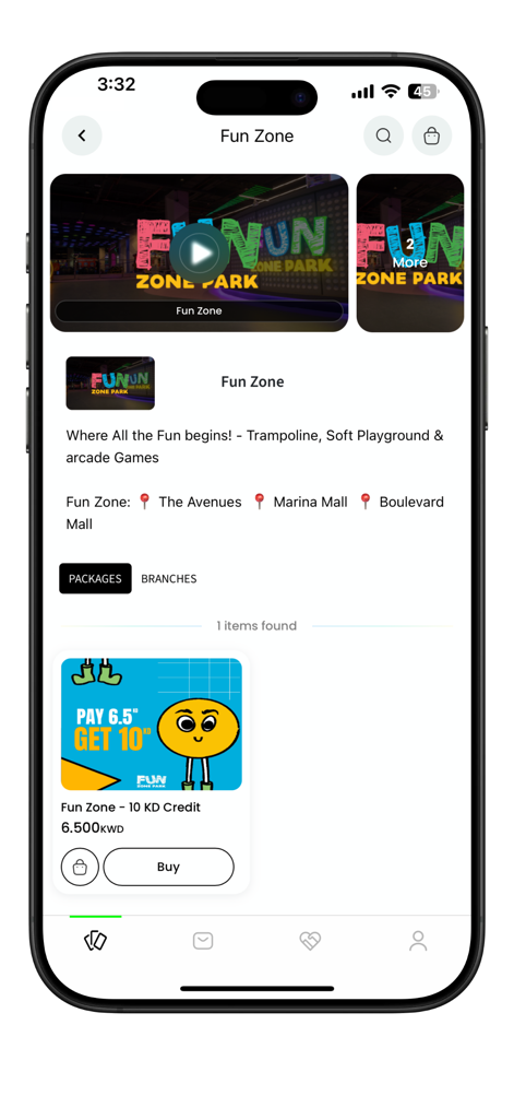 iCards World - iCards World app screen displaying digital gift card deals for Fun Zone entertainment centers in Kuwait