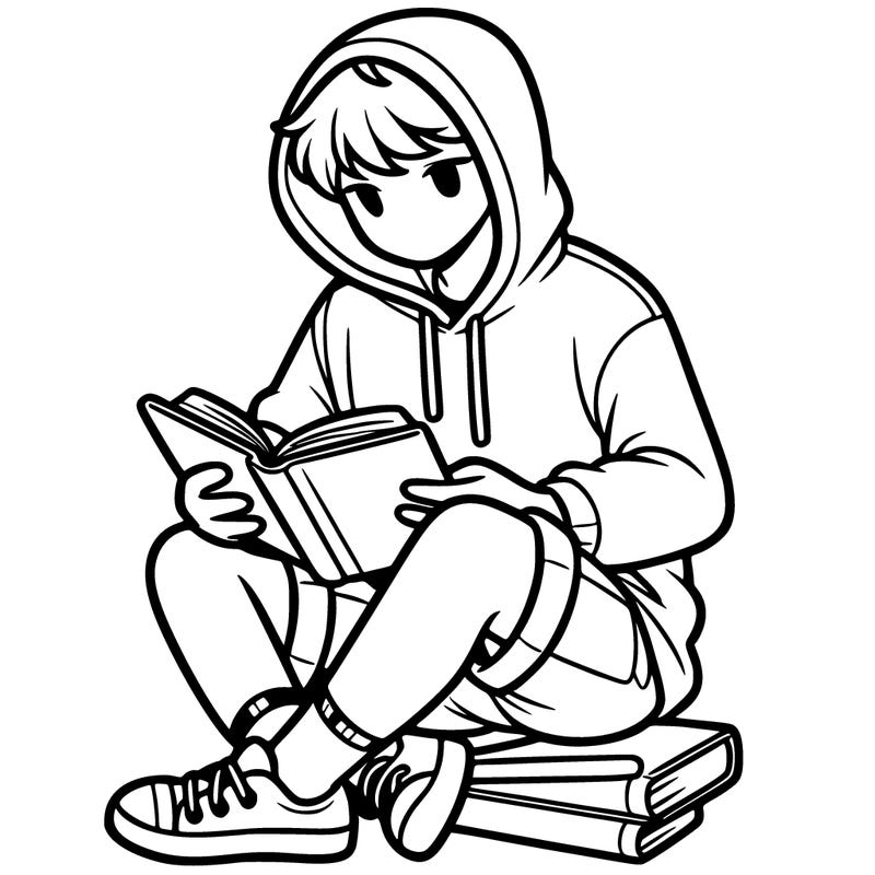 a guy the hoodie and shorts reading a book