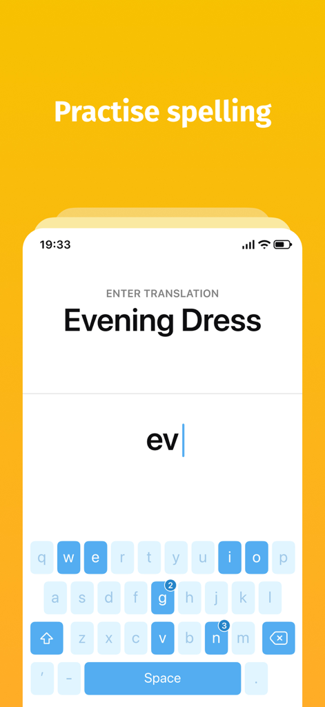 Bright - English for beginners - Uma tela de exercício de ortografia no app Bright English para iniciantes
