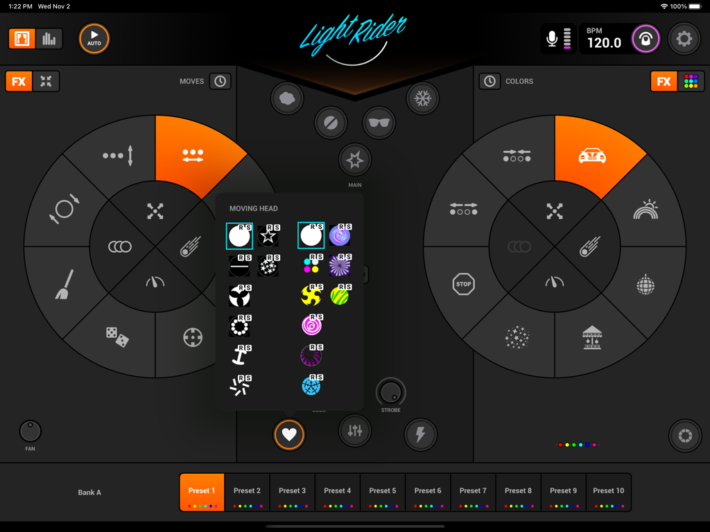 Interfaz de iPad de Light Rider para control de luces DMX que muestra efectos de movimiento y color con un selector de patrón de cabezal móvil.