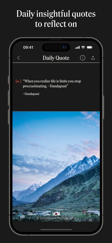 Daily insightful quote feature in the Dandapani mobile app with a mountain landscape background