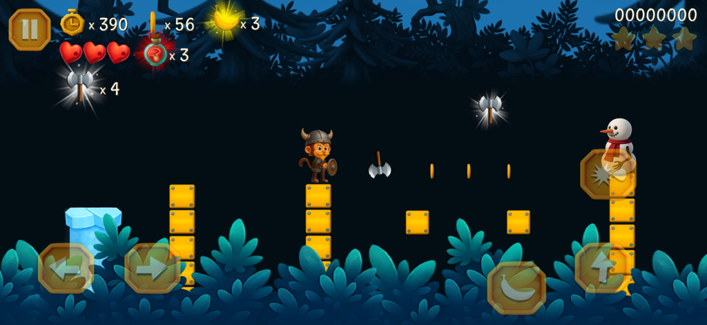 Super Kong Jump - Monkey Bros - A monkey character wearing a viking helmet jumps across yellow blocks in a dark forest level with a snowman enemy.