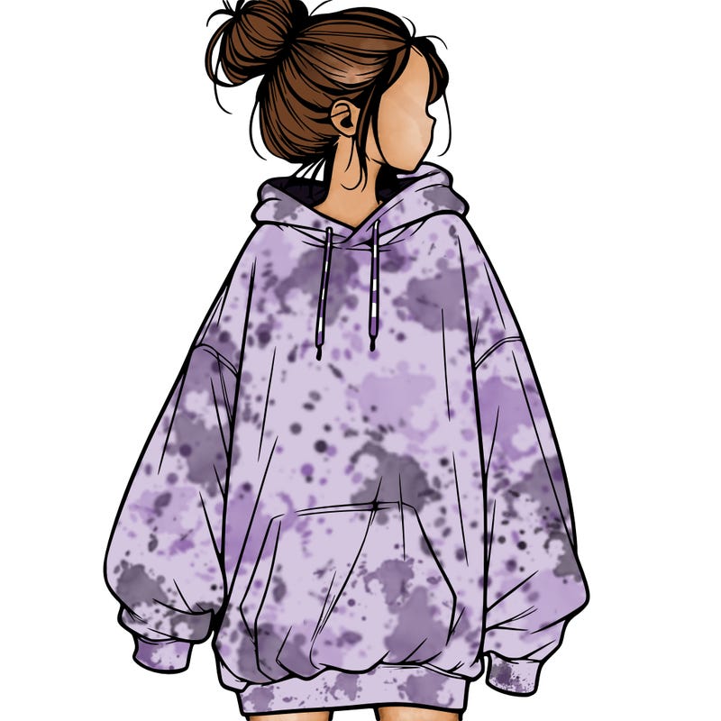 realistic girl with a oversized sweatshirt on and a bun