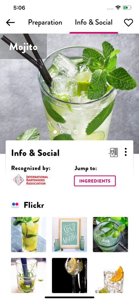 Cocktails App: Drinks Database - Captura de tela do aplicativo móvel mostrando informações da receita de Mojito com reconhecimento da International Bartenders Association