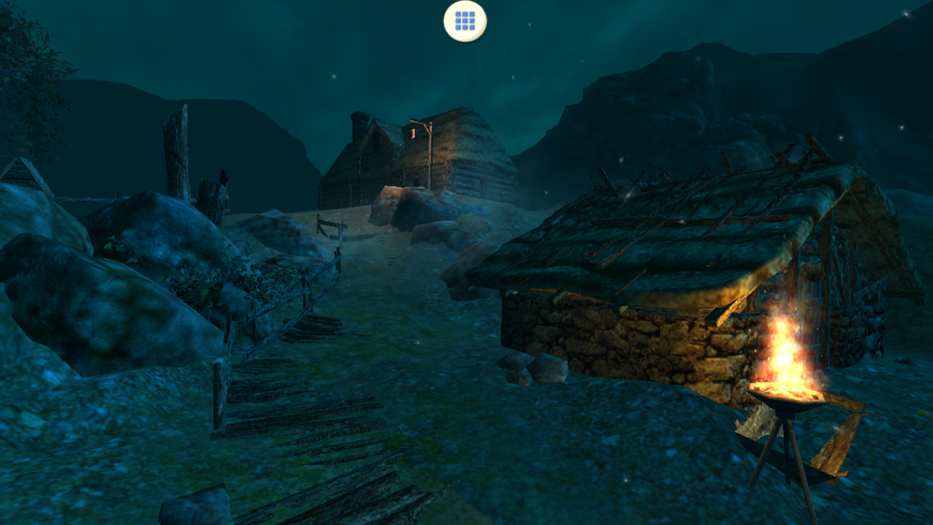 Cabaña medieval renderizada en 3D por la noche con efectos de niebla y un brasero encendido