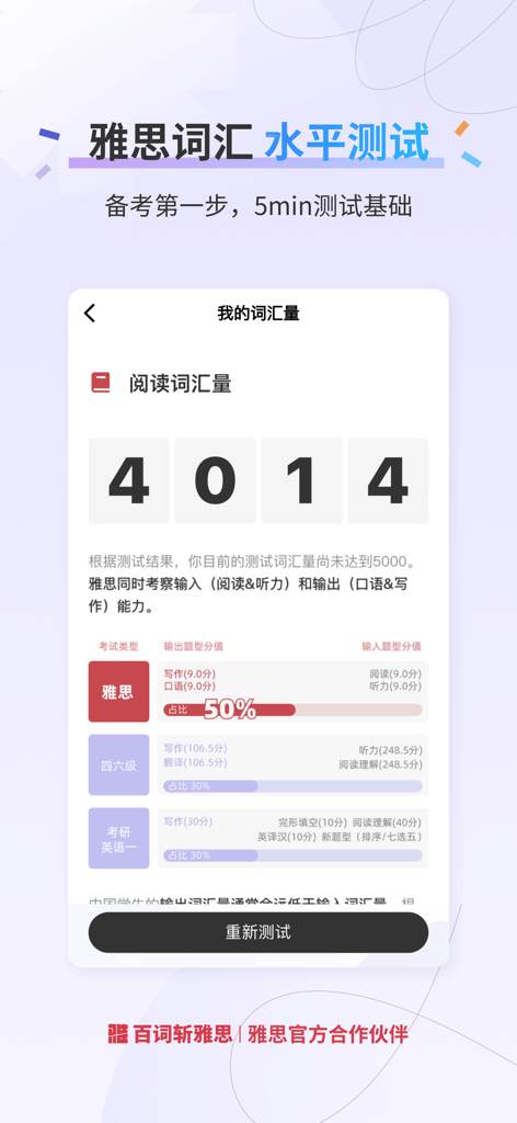 百词斩雅思-剑桥雅思高效提分 - A screen from Baicizhan IELTS app showing the results of a 5-minute vocabulary level test with a score of 4014.