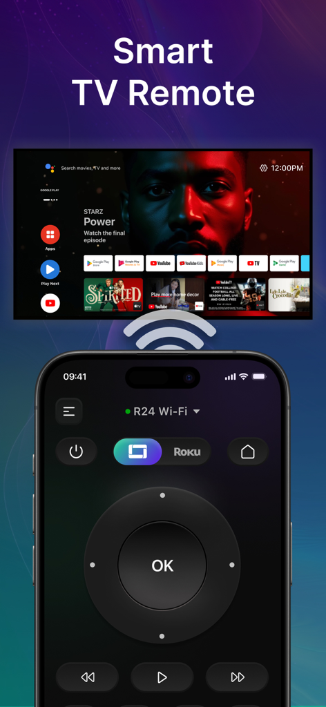 Universal Remote: All Smart TV - A smartphone displaying a universal remote app interface for controlling a smart TV over Wi-Fi
