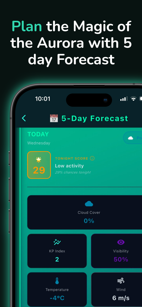 Aurora Vision - Tela de previsão de 5 dias do aplicativo móvel Aurora Vision mostrando uma pontuação da aurora e detalhes climáticos como cobertura de nuvens e visibilidade