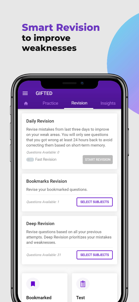 Interface de révision intelligente dans l'application Gifted montrant les fonctionnalités de révision quotidienne et de révision des favoris