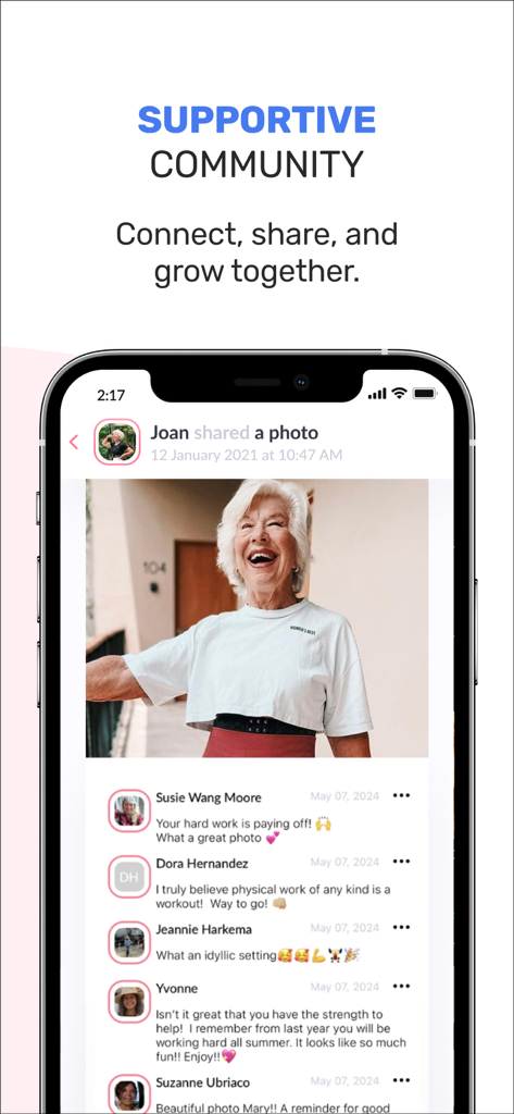 Screenshot of the Train with Joan app's supportive community feature showing women interacting in a social feed.