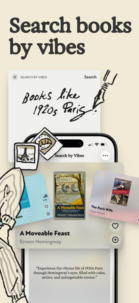 Margins: Book Tracker - Margins Book Tracker Suche nach Vibes-Funktion, die Empfehlungen für Bücher über das Paris der 1920er Jahre zeigt