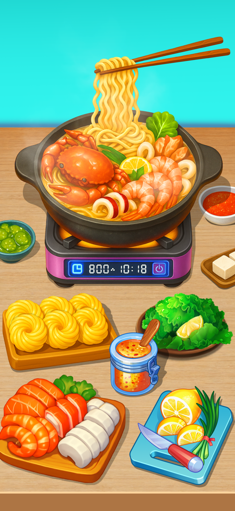 Food Voyage: Fun Cooking Game - 新鮮な材料に囲まれた鍋で調理されているカニとエビを使ったシーフードヌードルのカラフルなカートゥーンシーン