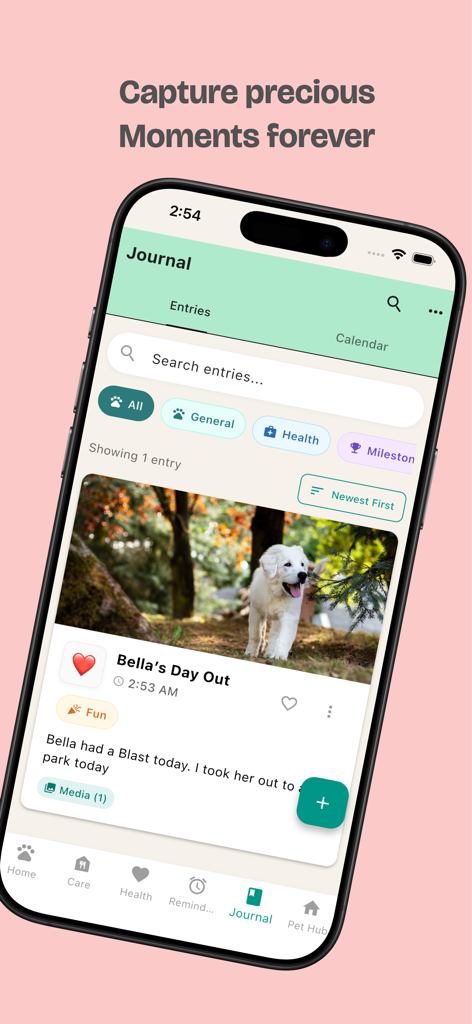 PetBuddy: Pet Care Companion - Interfaz de la aplicación PetBuddy que muestra un diario digital de mascotas con una foto de un perro blanco y detalles descriptivos de la entrada