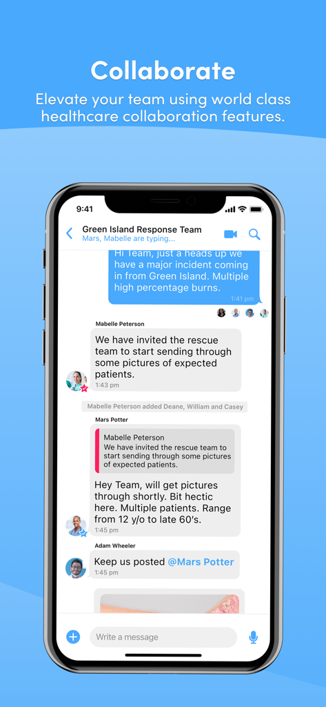 Celo healthcare messenger secure group chat interface showing a response team collaborating on patient care