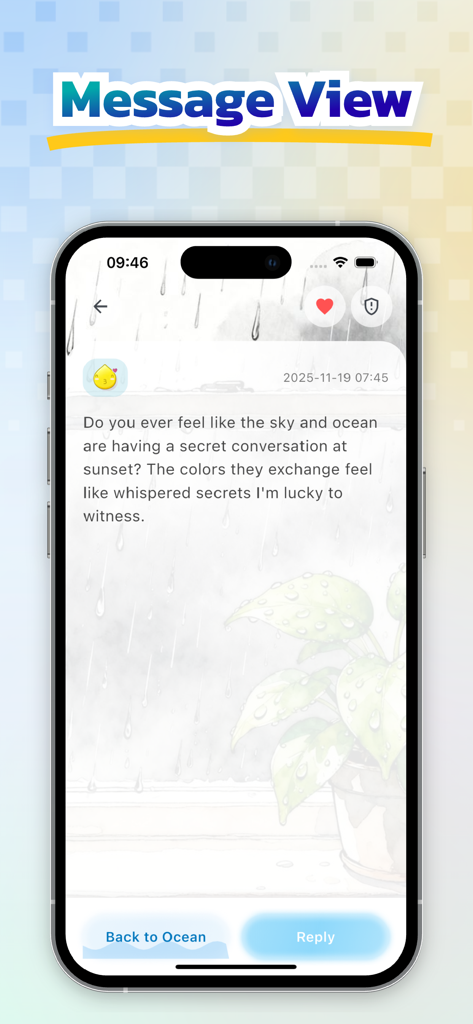 Vista de la aplicación TenderU mostrando un mensaje poético de botella a la deriva con un fondo estético de lluvia y opciones de respuesta.